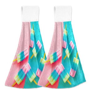 yyzzh fruit popsicle ice cream stick on pastel color blue and pink soda strawberry lemon popsicle kitchen hand towels with hook & loop set of 2 absorbent bath hand towel hanging tie towel