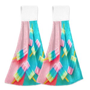 YYZZH Fruit Popsicle Ice Cream Stick On Pastel Color Blue and Pink Soda Strawberry Lemon Popsicle Kitchen Hand Towels with Hook & Loop Set of 2 Absorbent Bath Hand Towel Hanging Tie Towel