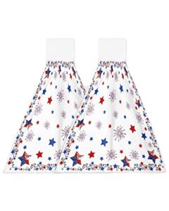 zfuncing hand tie towel set of 2,memorial day patriotic blue and red star hanging kitchen towels with loop,absorbent tea bar dish towel fast drying towels for bathroom,swirling stripe on white