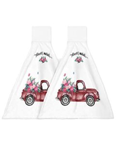 hanging hand towels kitchen towel spring red car with flowers and green leaves bathroom hand towels with loop tie towels soft,absorbent tea bar towels,2pcs