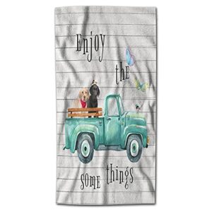 Wondertify Turquoise Truck Hand Towel Old Car Two Standing Labrador Puppy Dogs Hand Towels for Bathroom, Hand & Face Washcloths 15X30 Inches Brown Black