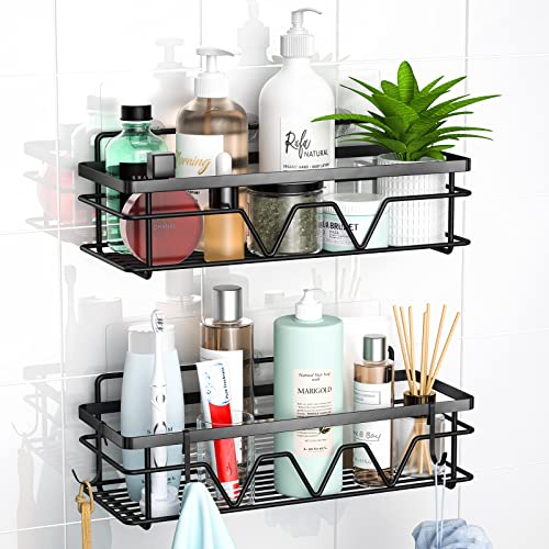 PEMOO 2 Pack Adhesive Shower Caddy, Shower Shelves, Shower Organizer No Drilling with Hooks, Rustproof Stainless Steel Bathroom Shower Organizer, Large Capacity, Shower Shelf for Inside Shower, Black