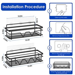 PEMOO 2 Pack Adhesive Shower Caddy, Shower Shelves, Shower Organizer No Drilling with Hooks, Rustproof Stainless Steel Bathroom Shower Organizer, Large Capacity, Shower Shelf for Inside Shower, Black