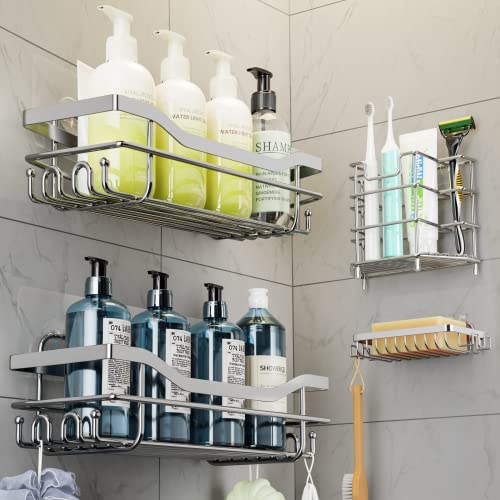 QQJOYCCI 4 Pack Shower Caddies Bathroom Shelf,No Drilling Adhesive Bathroom Storage Organizer,304 Stainless Steel Rustproof Shower Rack for Bathroom Organizer/Shower Organizer/Kitchen