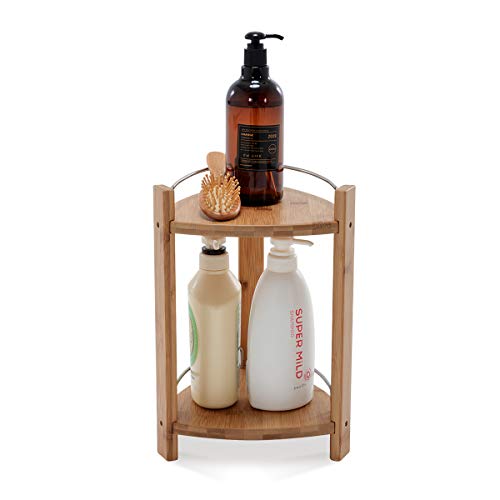 GOBAM Bamboo Shower Corner Caddy, Medium - 2 Tier Standing Shower Stand for Shampoo, Conditioner, Lotion, Soap - Caddy Organizer for Kitchen, Bedroom, or Office