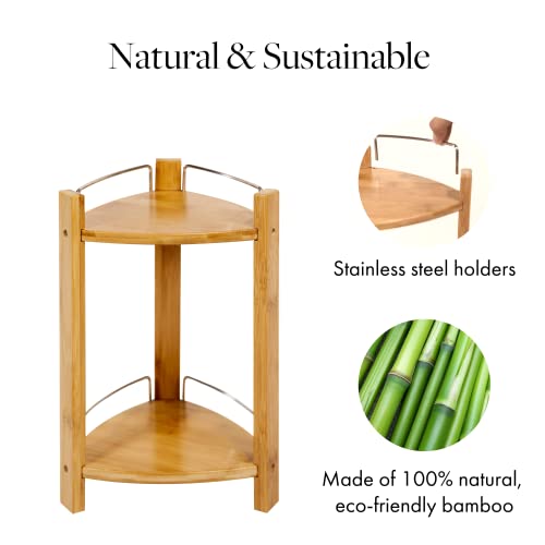 GOBAM Bamboo Shower Corner Caddy, Medium - 2 Tier Standing Shower Stand for Shampoo, Conditioner, Lotion, Soap - Caddy Organizer for Kitchen, Bedroom, or Office