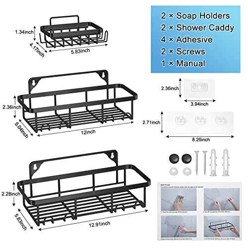 Attmu Shower Caddy Bathroom Shower Organizer, Self Adhesive Shower Shelf for Inside Shower Rack, Large Capacity Shower Basket with 2 Soap Holders for Bathroom and Kitchen Storage - 4 Pack (Black)