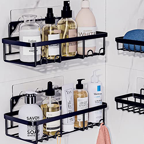 Attmu Shower Caddy Bathroom Shower Organizer, Self Adhesive Shower Shelf for Inside Shower Rack, Large Capacity Shower Basket with 2 Soap Holders for Bathroom and Kitchen Storage - 4 Pack (Black)