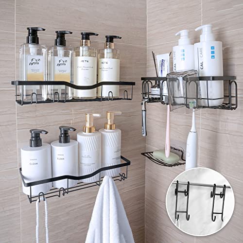 PRAGATISM 6 Pieces Shower Caddy, No Drilling Adhesive Shower Organizer, Large Capacity Shower Shelves with Rustproof Stainless Steel for Bathroom & Kitchen Organization and Storage (black)