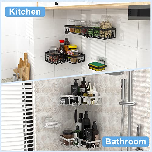 ETECHMART Corner Shower Caddy, 0°- 330°Rotation Adhesive Shower Shelves Organizer for Bathroom, SUS304 Rustproof Floating Storage Rack for Inside with Hooks, No Drilling - 2 Pack/Black