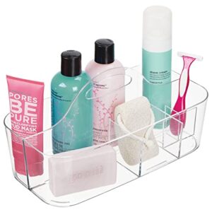 mdesign plastic divided shower organizer basket caddy tote with handle - storage for bathroom or dorm - holds hand soap, shampoo, sponges, scrubs, and body wash - lumiere collection - clear
