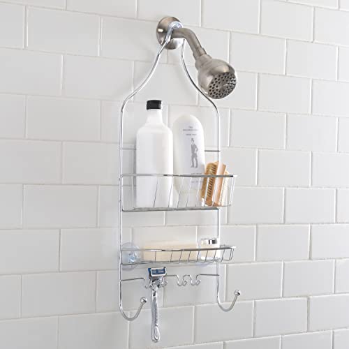 Bath Bliss Design Chrome, Resistant, 2 Tier Contoured Caddy, Over The Shower Head, Rust Proof, Bathroom Organizer with Hooks for Hanging Razor, Sponge, Shampoo Holder