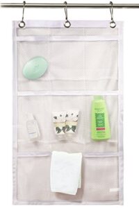 shower curtain bathroom organizer -9 pockets- perfect for organizing your home bath. organize your toiletries and kid’s toys in nine durable deep mesh pockets. hang on existing shower curtain rings.