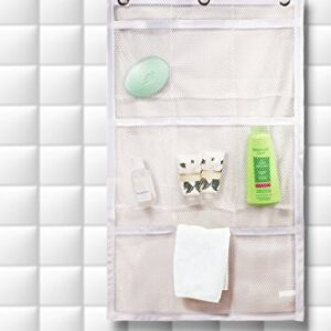 Shower Curtain Bathroom Organizer -9 Pockets- Perfect for Organizing Your Home Bath. Organize Your Toiletries and kid’s Toys in Nine Durable Deep Mesh Pockets. Hang on Existing Shower Curtain Rings.