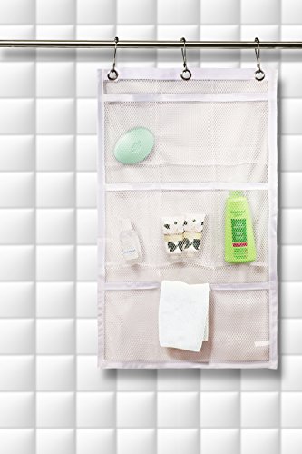 Shower Curtain Bathroom Organizer -9 Pockets- Perfect for Organizing Your Home Bath. Organize Your Toiletries and kid’s Toys in Nine Durable Deep Mesh Pockets. Hang on Existing Shower Curtain Rings.