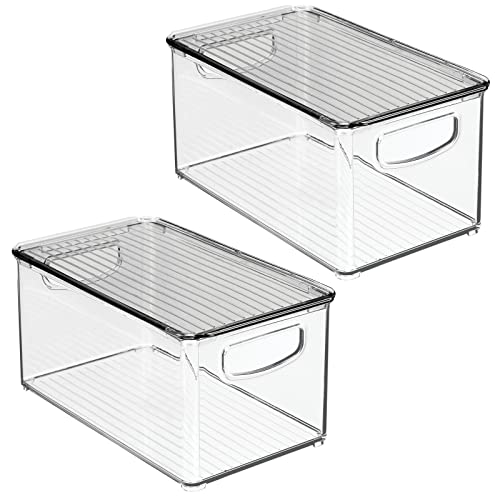 mDesign Deep Plastic Bathroom Storage Bin Box, Lid/Built-in Handles, Organization for Makeup, Hair Styling Tools, Toiletry Accessories in Cabinet, Shelves, Ligne Collection, 2 Pack, Clear/Smoke Gray