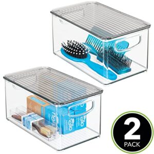 mDesign Deep Plastic Bathroom Storage Bin Box, Lid/Built-in Handles, Organization for Makeup, Hair Styling Tools, Toiletry Accessories in Cabinet, Shelves, Ligne Collection, 2 Pack, Clear/Smoke Gray