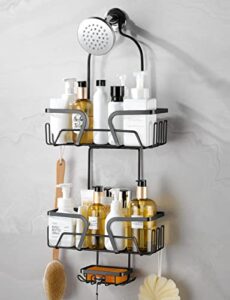 taozun shower caddy over shower head - hanging shower caddy rustproof stainless shower organizer hanging storage rack basket with 6 hooks for soap and sponge - black