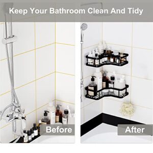 Corner Shower Caddy No Drilling,Shower Organizer Corner,Strong Adhesive Shower Shelves,Metal Bathroom Organizer Shower with Hooks,Shower Wall Caddy Waterproof,Rustproof Black 2 Pack