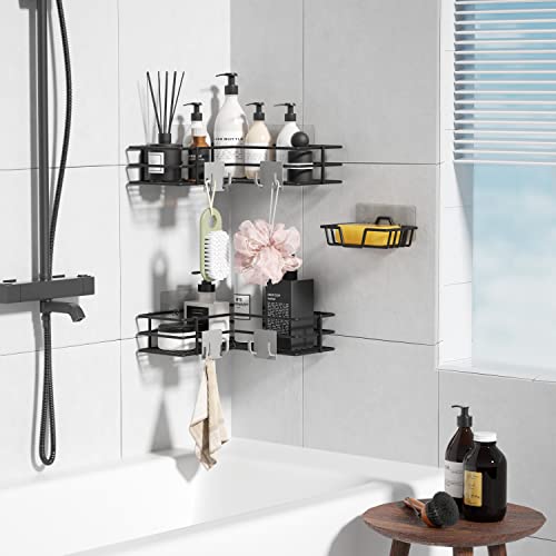 Innoshopp Corner Shower Caddy 3 Pack Adhesive Shower Organizer Basket Rack with 4 Hooks And Soap Holder Rust Proof Bathroom Shelf Shampoo Holder Wall Mounted Shower Shelves for Bathroom Storage