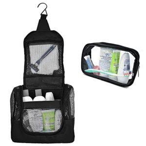 the fine living co. portable hanging shower caddy organizer bag (free toiletries case+metal hook) quick dry mesh shower caddy tote bag pouch for bathroom college dorm camp gym camping 10”x4”x9”(black)