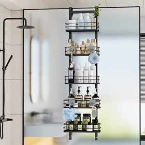 vetacsion 44.37 inch height 5 tier adjustable over door shower shelf,hanging bath oragnizer with 4 hook,4 suction,metal black