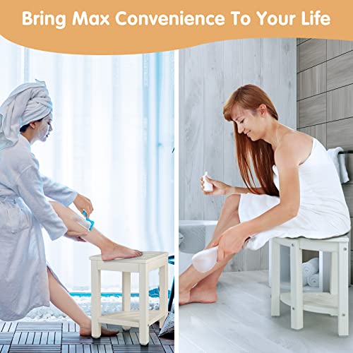 Giantex Corner Shower Stool Waterproof - HDPE Shower Bench Seat with Storage Shelf for Shaving Legs, Non-Slip Foot Pads, Plastic Spa Bath Step Foot Rest for Bathroom Small Place (Creamy White)