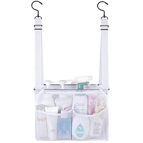 GUMQDD 4 Storage Pockets Adjustable Hanging Mesh Bathroom Bag, Shower Caddy College with Hooks, Applied to College Dorm Rooms, Gym, Swimming and RV Travel (White)