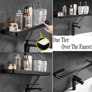 VOLPONE Bathroom Wall Shelf Black Glass Shelves 15.7in Bathroom Shelves with Towel bar Towel Shelf Wall Mounted 2 Tier