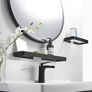 VOLPONE Bathroom Wall Shelf Black Glass Shelves 15.7in Bathroom Shelves with Towel bar Towel Shelf Wall Mounted 2 Tier