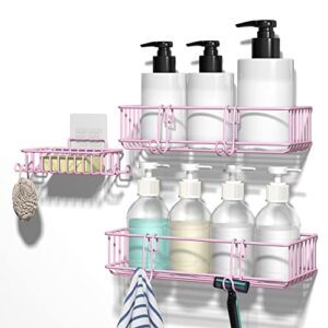 tonlea shower caddy, shower organizer for bathroom, 3-pack rustproof stainless steel shower shelves with soap dish and 4 hooks for bathroom storage, adhesive or drilling kitchen organization, pink