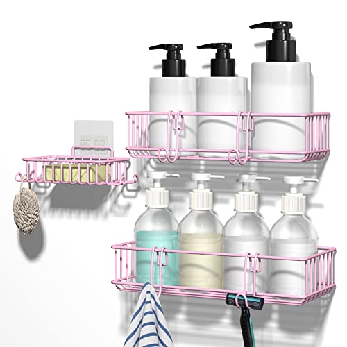 TONLEA Shower Caddy, Shower Organizer for Bathroom, 3-Pack Rustproof Stainless Steel Shower Shelves with Soap Dish and 4 Hooks for Bathroom Storage, Adhesive or Drilling Kitchen Organization, Pink