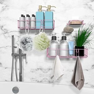 TONLEA Shower Caddy, Shower Organizer for Bathroom, 3-Pack Rustproof Stainless Steel Shower Shelves with Soap Dish and 4 Hooks for Bathroom Storage, Adhesive or Drilling Kitchen Organization, Pink