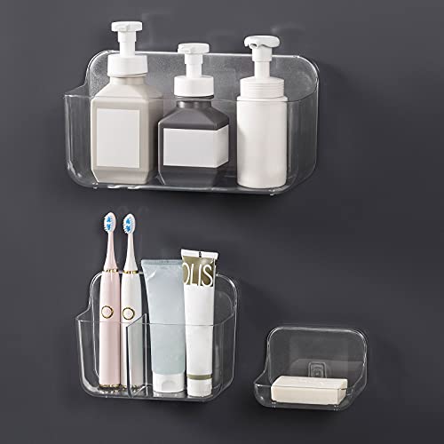 Ettori 3 Pack Shower Caddy,Soap Dish and Toothbrush Holder,Wall Mounted Rustproof Plastic Shower Storage for Inside Shower and Bathroom Shower Accessories-Clear