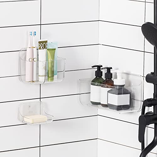 Ettori 3 Pack Shower Caddy,Soap Dish and Toothbrush Holder,Wall Mounted Rustproof Plastic Shower Storage for Inside Shower and Bathroom Shower Accessories-Clear