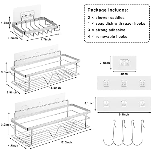 BUPWHEK Shower Caddy Bathroom Storage Organizer Rack (2Pack) with 1Soap Dish,No Drilling Adhesive Shower Shelf,Sliver Bathroom Basket Shelves with Hooks,Rustproof Stainless Steel (3Pack Sliver)