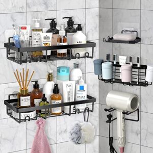 fuxiste shower caddy, 6-pack shower shelves adhesive shower organizer no drilling large capacity rustproof stainless steel bathroom shower storage shower rack shower shelf for inside shower(black)