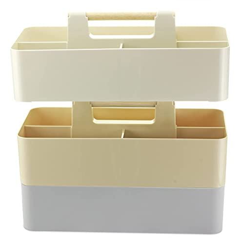 EZOWare Set of 3 Plastic Stackable Caddy Tote Set, Large Storage Organizer Bins with 5 Compartment Divider and Handle for Makeup, Vanity, Bathroom, Office Supplies, School, Crafts, Nursery - 3 Colors