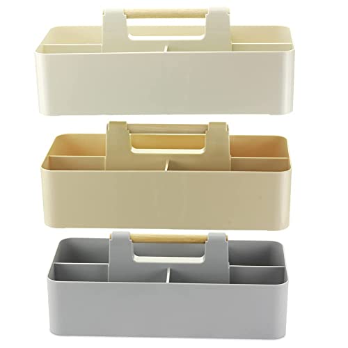 EZOWare Set of 3 Plastic Stackable Caddy Tote Set, Large Storage Organizer Bins with 5 Compartment Divider and Handle for Makeup, Vanity, Bathroom, Office Supplies, School, Crafts, Nursery - 3 Colors