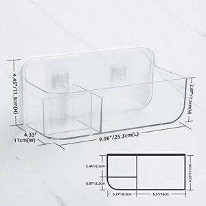 YOHOM Clear Adhesive Bathroom Caddy Organizer for Tile Wall Mounted Stick on Shower Caddy Floating Shelf Plastic Shampoo Holder with 3 compartments