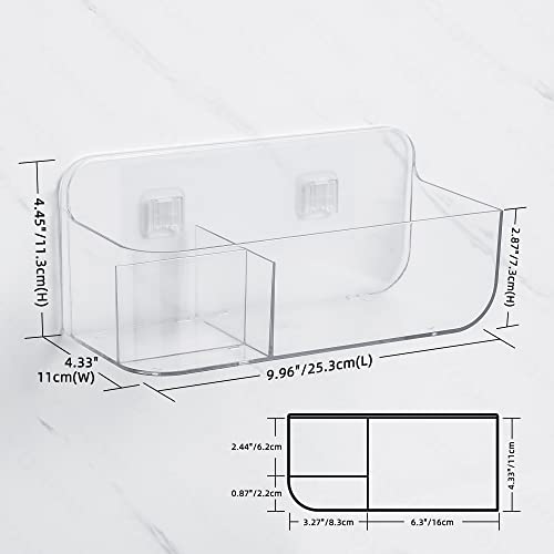 YOHOM Clear Adhesive Bathroom Caddy Organizer for Tile Wall Mounted Stick on Shower Caddy Floating Shelf Plastic Shampoo Holder with 3 compartments