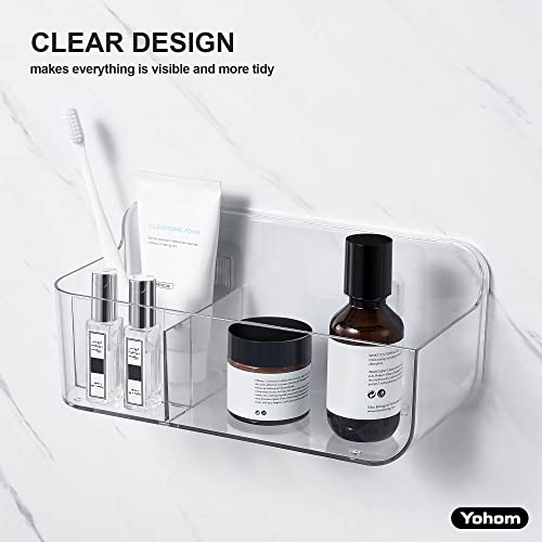 YOHOM Clear Adhesive Bathroom Caddy Organizer for Tile Wall Mounted Stick on Shower Caddy Floating Shelf Plastic Shampoo Holder with 3 compartments