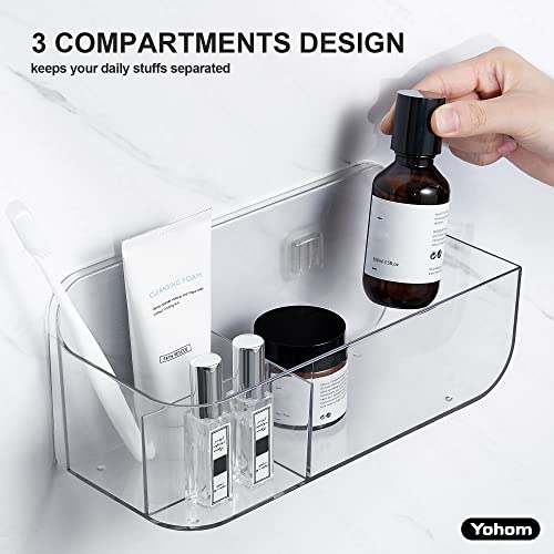 YOHOM Clear Adhesive Bathroom Caddy Organizer for Tile Wall Mounted Stick on Shower Caddy Floating Shelf Plastic Shampoo Holder with 3 compartments