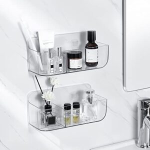 YOHOM Clear Adhesive Bathroom Caddy Organizer for Tile Wall Mounted Stick on Shower Caddy Floating Shelf Plastic Shampoo Holder with 3 compartments