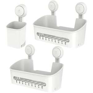 LEVERLOC Toothbrush Holder Suction Cup and 2 Shower Caddy Baskets Wall Mounted Drill-Free for Bathroom Shower Removable Waterproof Sturdy Self Draining for Kitchen