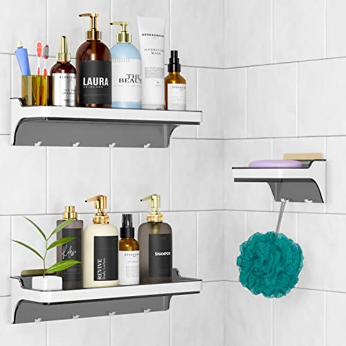 Traceless Adhesive Shower Caddy with Hooks – No Drilling Wall Mounted Bathroom Shower Organizer– Rustproof Shower Shelves for Inside Shower and Kitchen Storage with Soap Dish –3 Pack