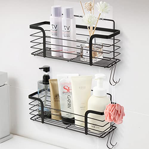 Sykit Adhesive Shower Caddy with 4 Hooks,No Drilling Adhesive Wall Mounted Rustproof Stainless Steel Shower Shelf,SUS304 Stainless Steel Bathroom Organization for Bathroom, Toilet, Kitchen (Black)