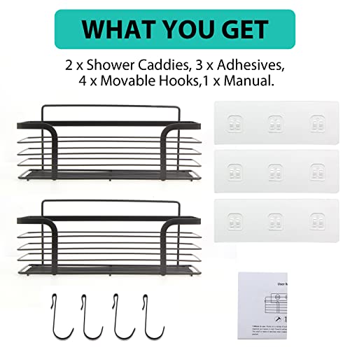 Sykit Adhesive Shower Caddy with 4 Hooks,No Drilling Adhesive Wall Mounted Rustproof Stainless Steel Shower Shelf,SUS304 Stainless Steel Bathroom Organization for Bathroom, Toilet, Kitchen (Black)