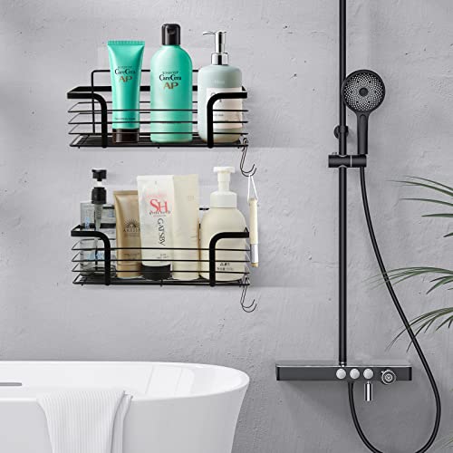 Sykit Adhesive Shower Caddy with 4 Hooks,No Drilling Adhesive Wall Mounted Rustproof Stainless Steel Shower Shelf,SUS304 Stainless Steel Bathroom Organization for Bathroom, Toilet, Kitchen (Black)