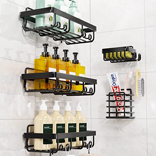 Black Bathroom Shower Caddy Shelf Adhesive, Stainless Steel In Shower Storage Rack Bathroom Organizer Shower, Rust Proof Shower Caddies Shelves Dorm College with Soap Dish Toothbrush holder (5 Pack)